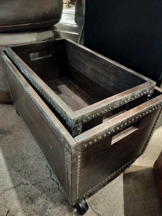 Restoration Hardware Industrial Rolling Storage Crates, a Pair