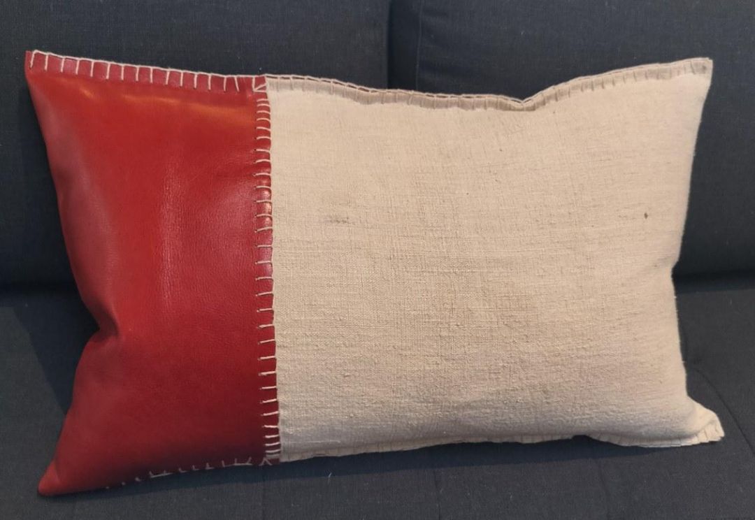 Genuine Leather &amp; Vintage/Antique Linen Pillow. Handmade. Red.