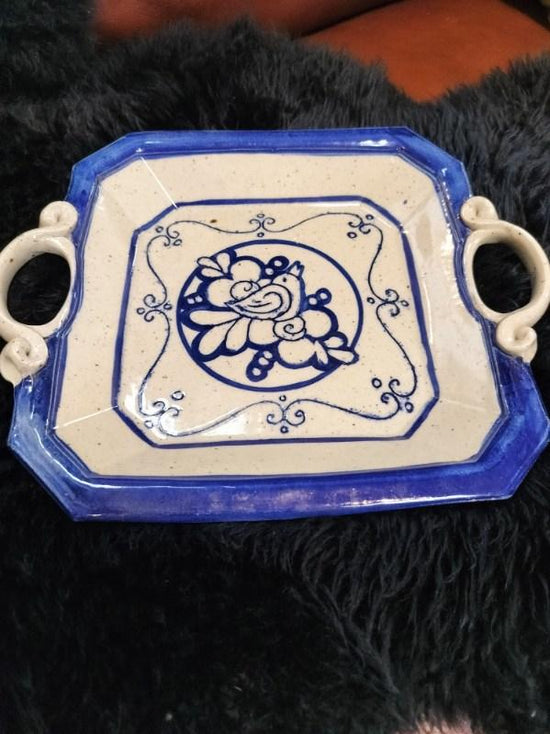MCM Signed Pottery Tray. Blue and White With Happy Birds.