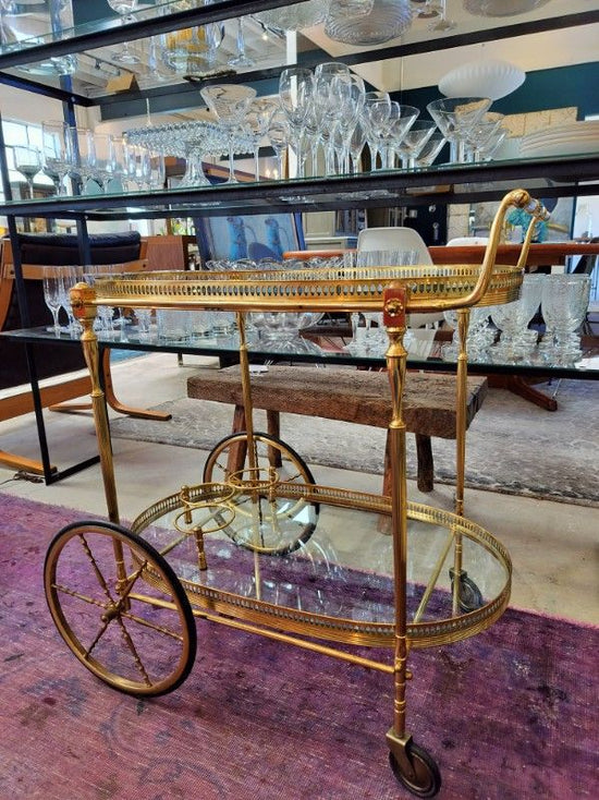 MCM Hollywood-Regency Maison Jansen Style Brass & Glass Bar Cart