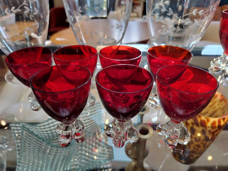 Murano Glass 1950s - 1960s Red Glass &amp; Clear Glass Lobed Foot Glassware.