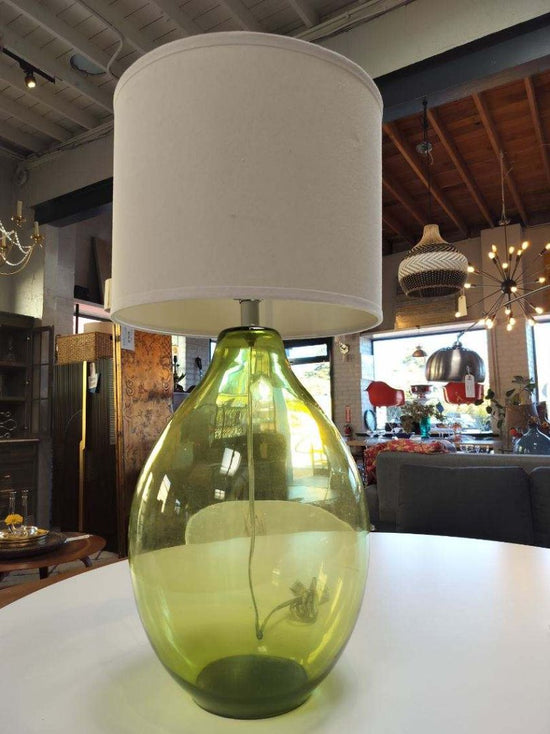 Green Glass Base Table Lamp, White Cylinder Shade.