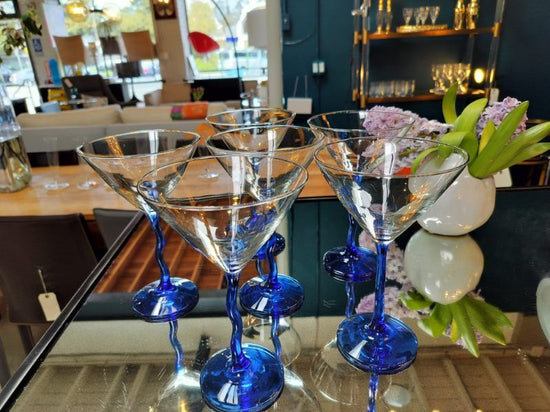 Hand Blown Crystal Martini Glasses Wavy Blue Stem