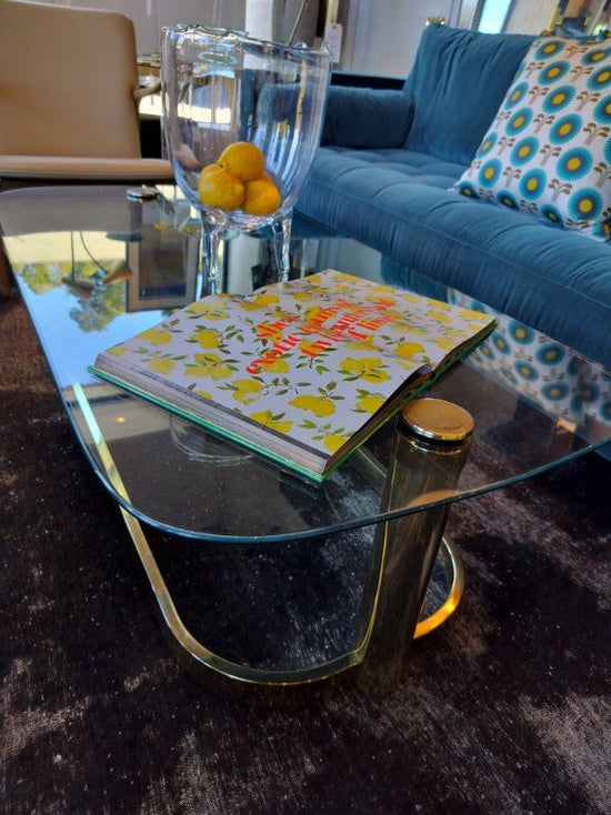 Hollywood Regency Glass Top Coffee Table with Brass Base