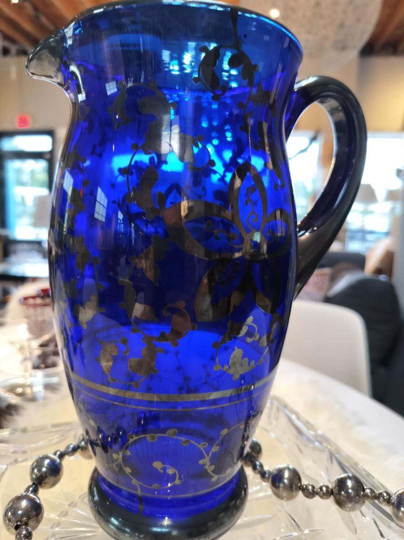 Vintage Cobalt Blue Pitcher With Gold Floral Design