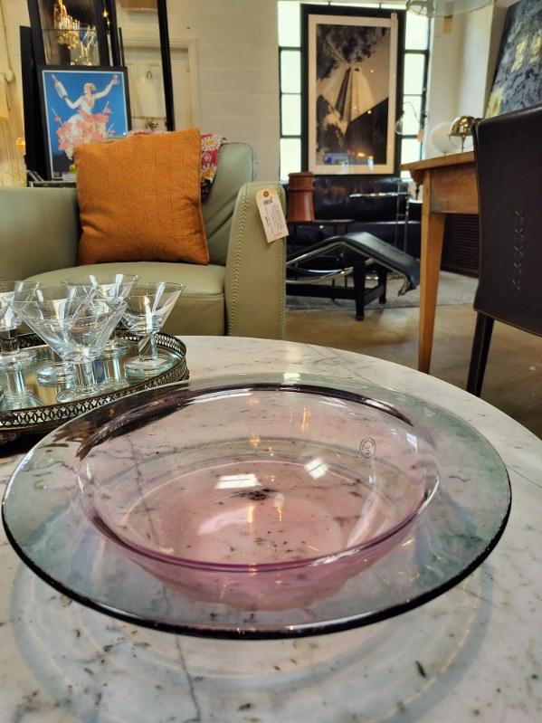 Vintage Pink and Blue Glass Bowl by Cristallerie. Made in Italy