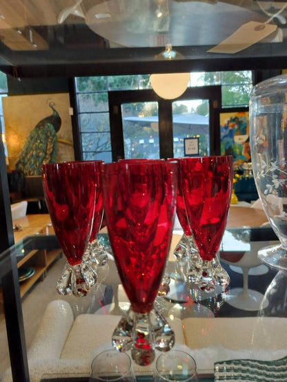 Murano Glass 1950s - 1960s Red Glass &amp; Clear Glass Lobed Foot Glassware.