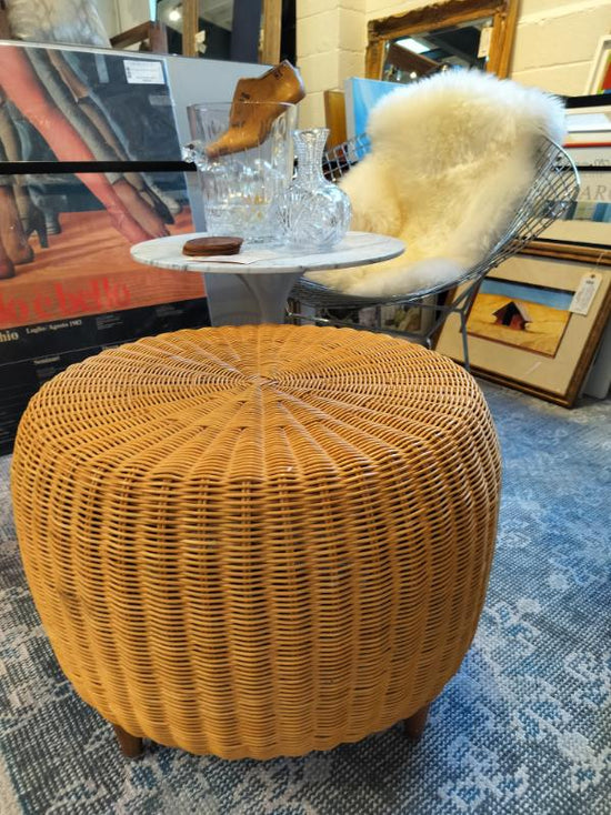 MCM Vintage Wicker Hassock/Coffee Table with Bamboo Lining