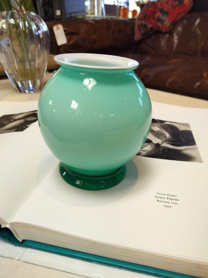 Handblown Glass Vase in Light Aqua with White Folded Rim