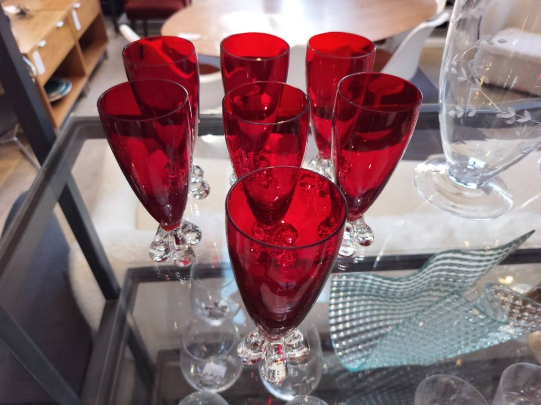 Murano Glass 1950s - 1960s Red Glass &amp; Clear Glass Lobed Foot Glassware.