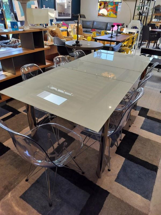 Modern Tempered White Glass Expandable Dining Table.