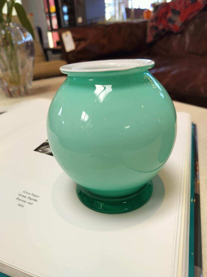 Handblown Glass Vase in Light Aqua with White Folded Rim