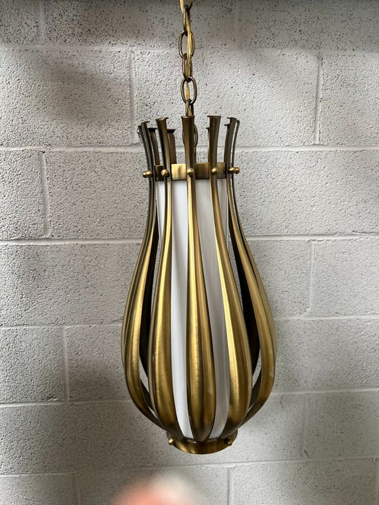 *Gourd-Form Brushed Brass/Milk Glass Pendant Light