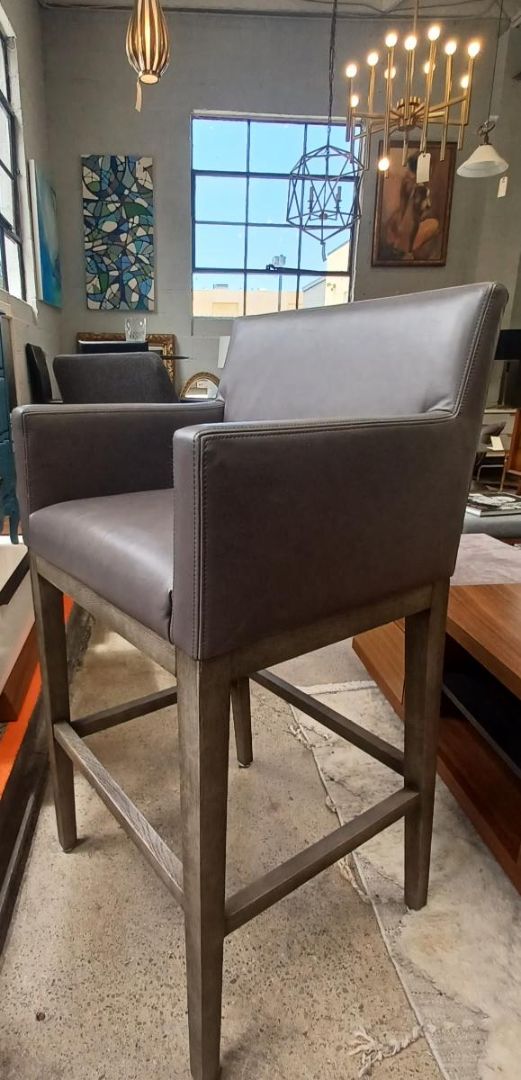 RH Pair Of Barstools, Gray Leather, Weathered Oak Drifted Base