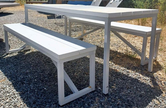 Picnic Table And 2 Benches. White Metal Base. Plank Top.