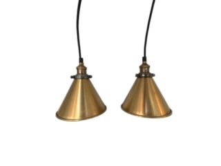Pair of Visual Comfort Brass cone pendants black fabric cord, 7" diameter and tall