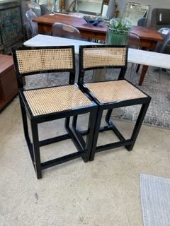 CB2 Black Lacquer Caned Stools  SET OF 2