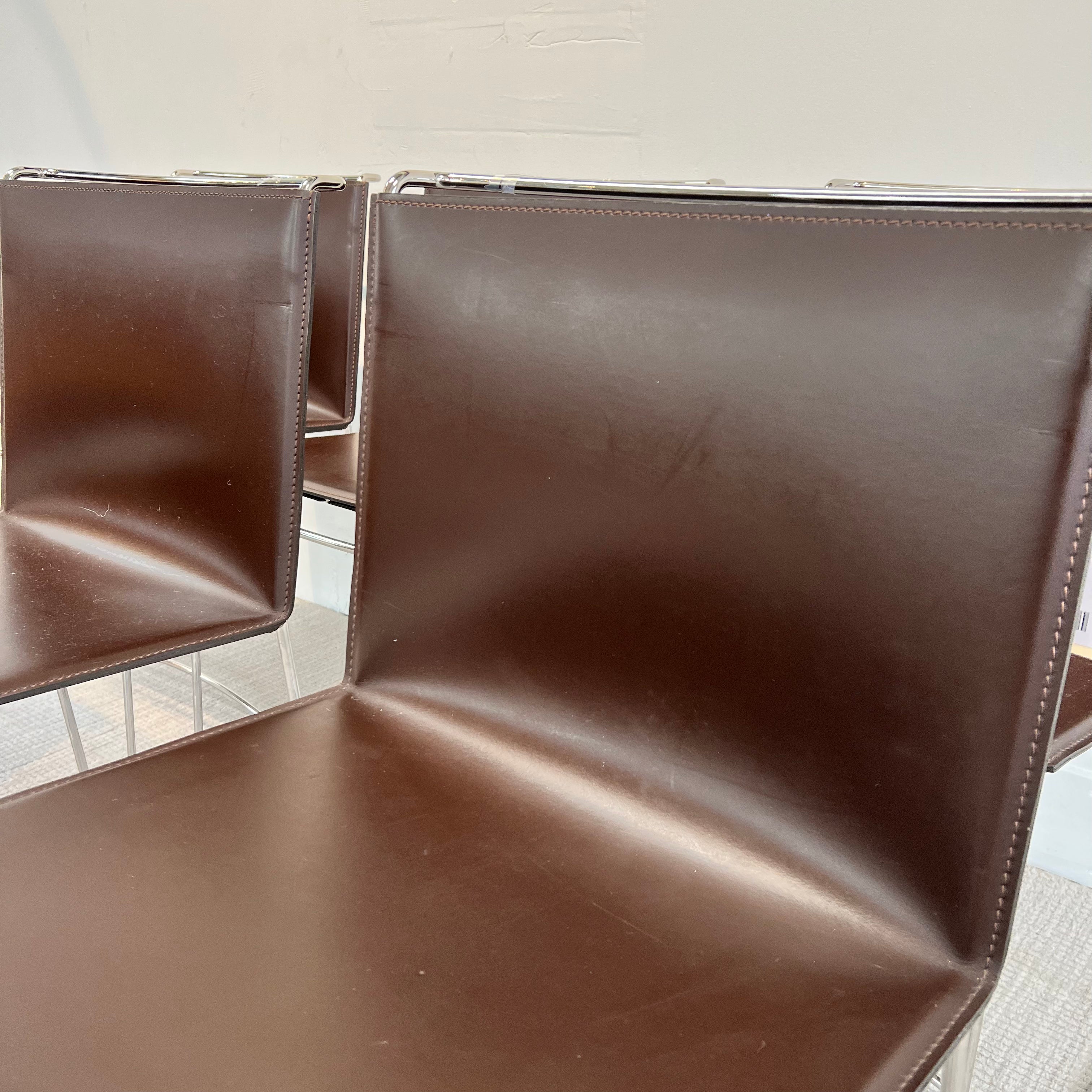 Set of 6 Ligne Roset Leather and Chrome Dining Chairs