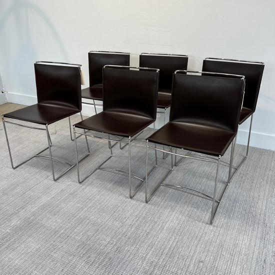 Set of 6 Ligne Roset Leather and Chrome Dining Chairs