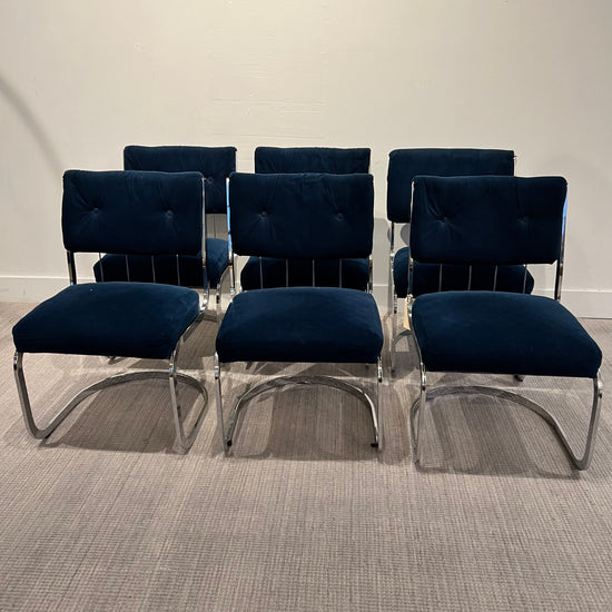 Vintage Blue and Chrome Milo Baughman Style Chairs - Set of 6