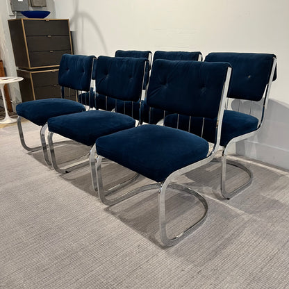 Vintage Blue and Chrome Milo Baughman Style Chairs - Set of 6