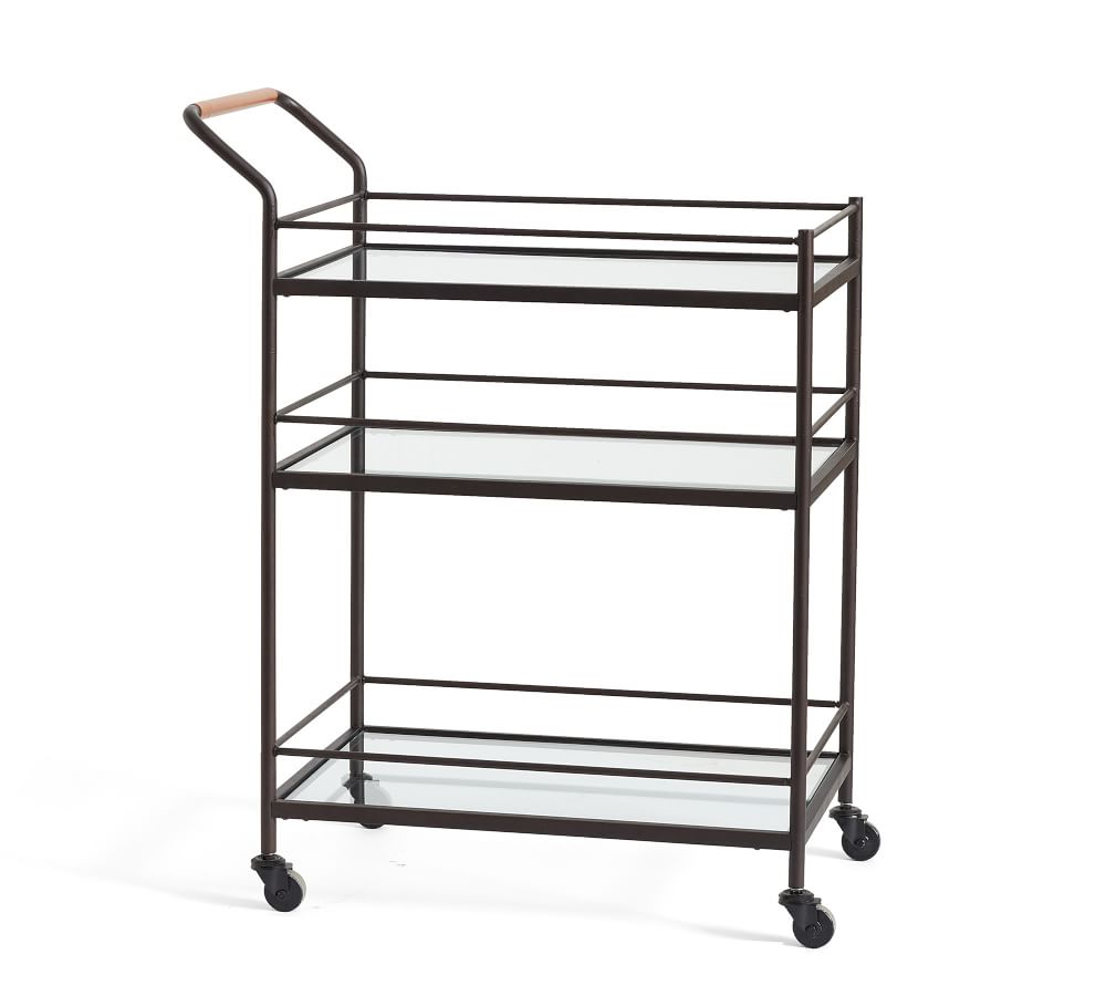 Pottery Barn Hugo Metal Bar Cart w Leather Handle